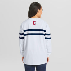 White Cleveland Guardians WEAR by Erin Andrews Women's Oversized Long Sleeve Striped T-Shirt