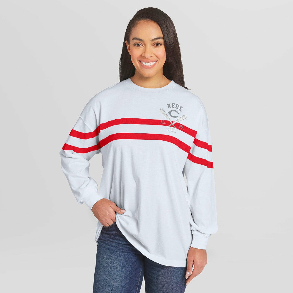 White Cincinnati Reds WEAR by Erin Andrews Women's Oversized Long Sleeve Striped T-Shirt