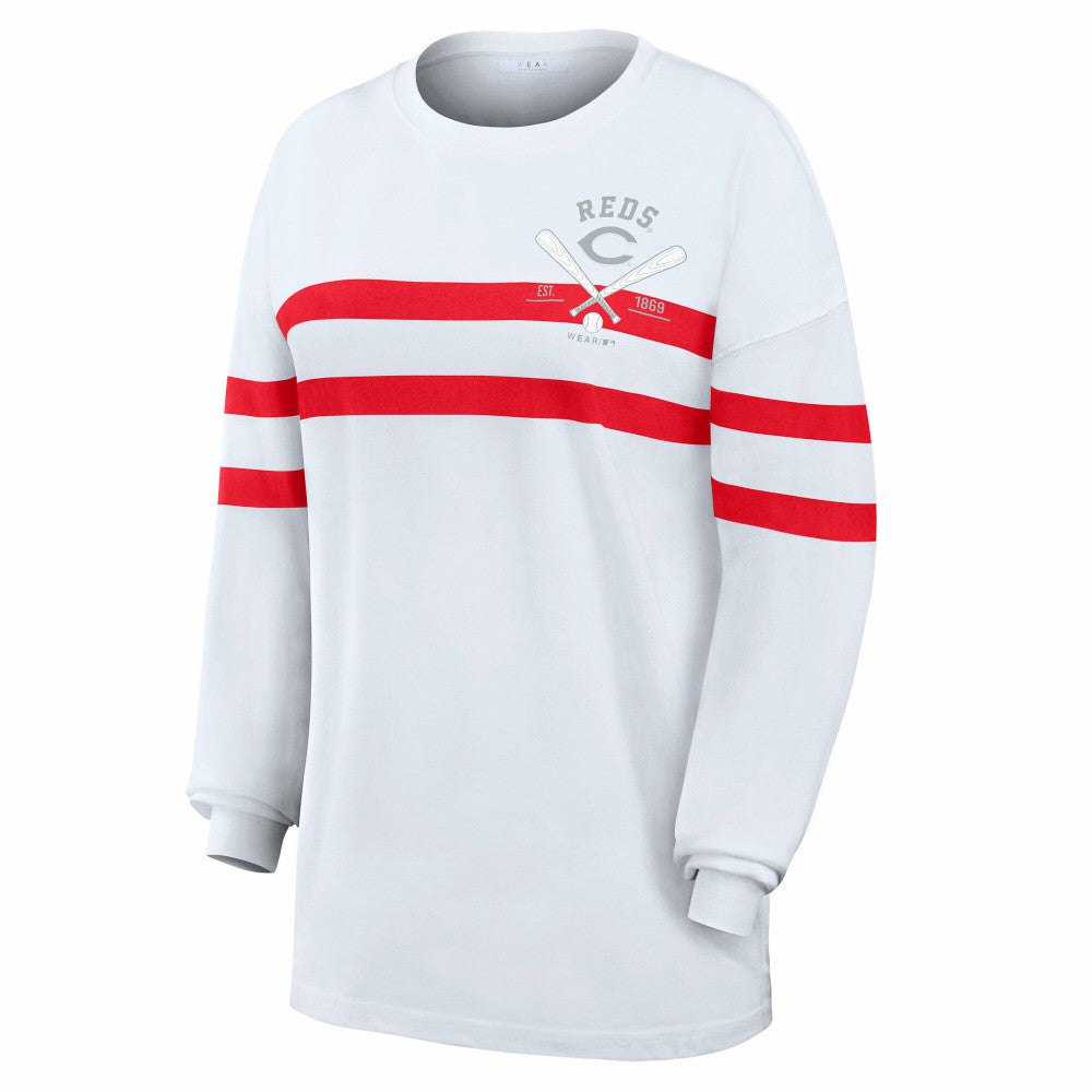 White Cincinnati Reds WEAR by Erin Andrews Women's Oversized Long Sleeve Striped T-Shirt