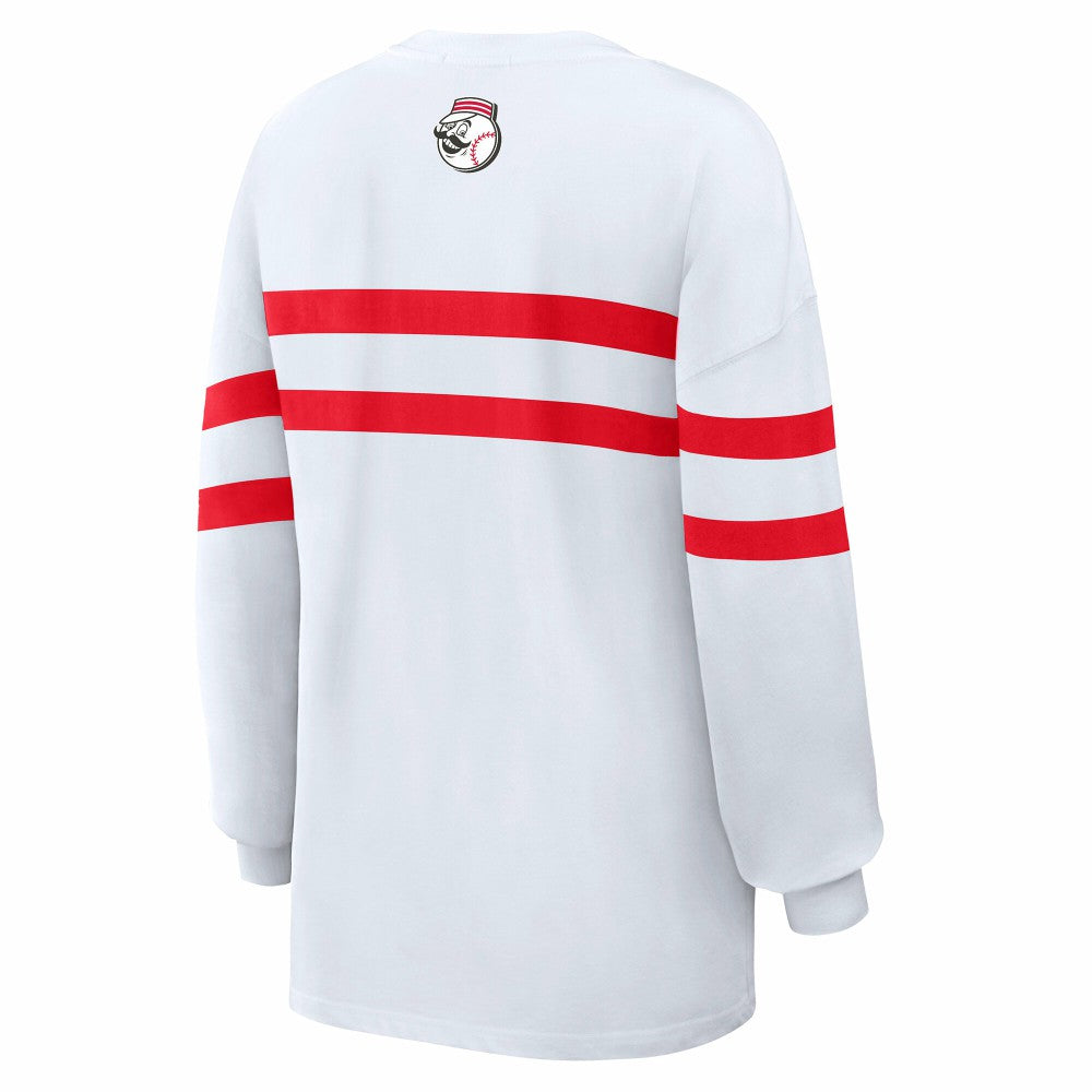 White Cincinnati Reds WEAR by Erin Andrews Women's Oversized Long Sleeve Striped T-Shirt