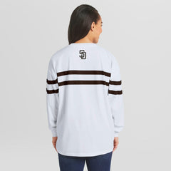 White San Diego Padres WEAR by Erin Andrews Women's Oversized Long Sleeve Striped T-Shirt
