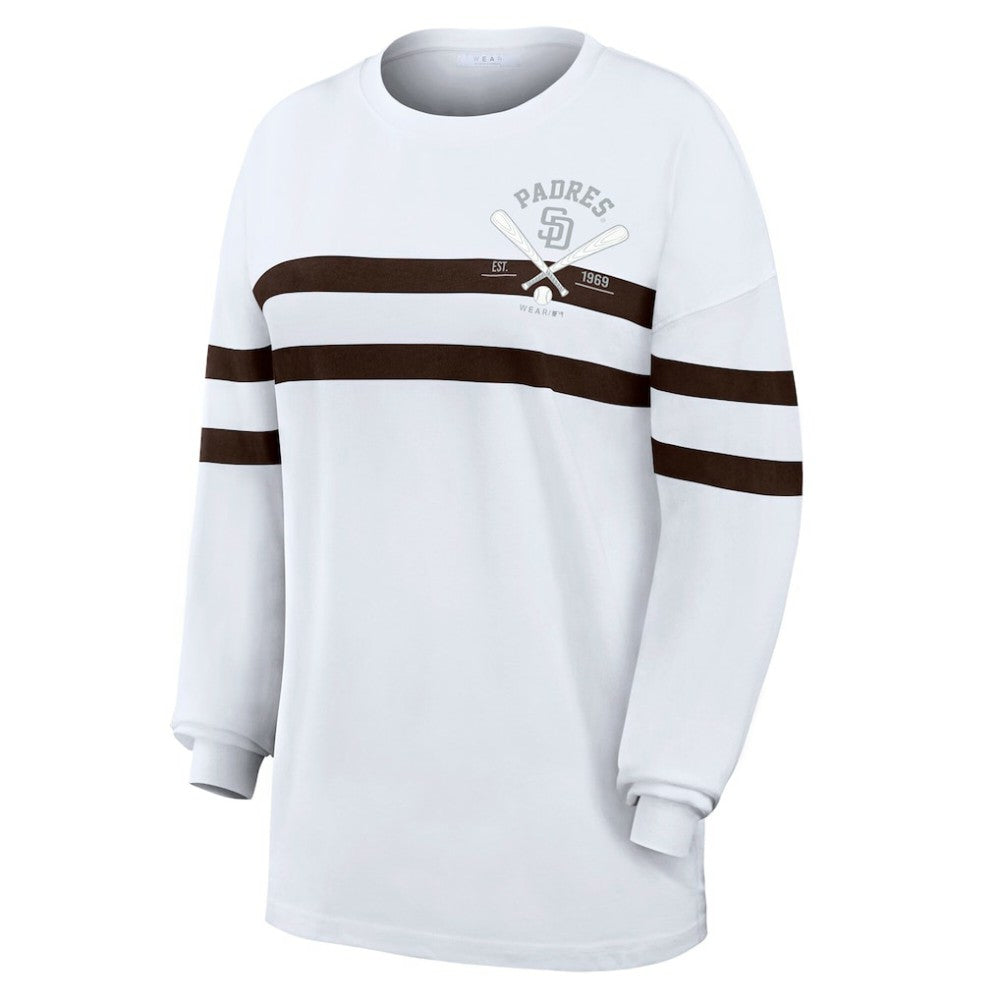 White San Diego Padres WEAR by Erin Andrews Women's Oversized Long Sleeve Striped T-Shirt