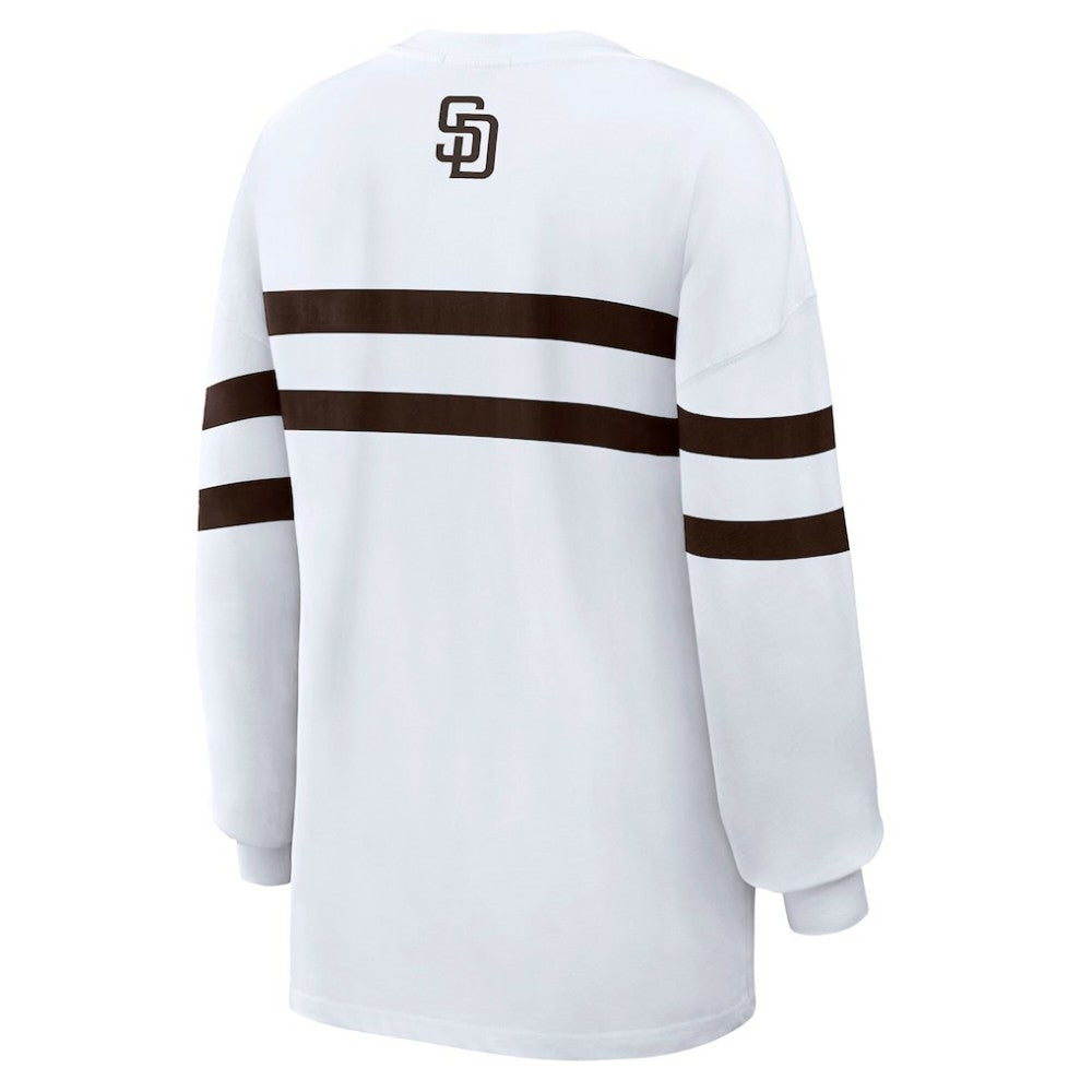 White San Diego Padres WEAR by Erin Andrews Women's Oversized Long Sleeve Striped T-Shirt