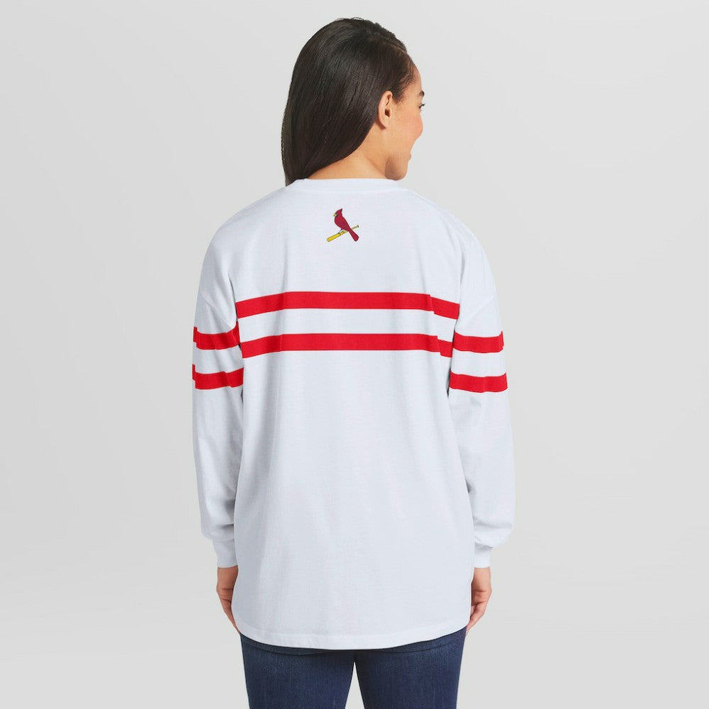 White St. Louis Cardinals WEAR by Erin Andrews Women's Oversized Long Sleeve Striped T-Shirt