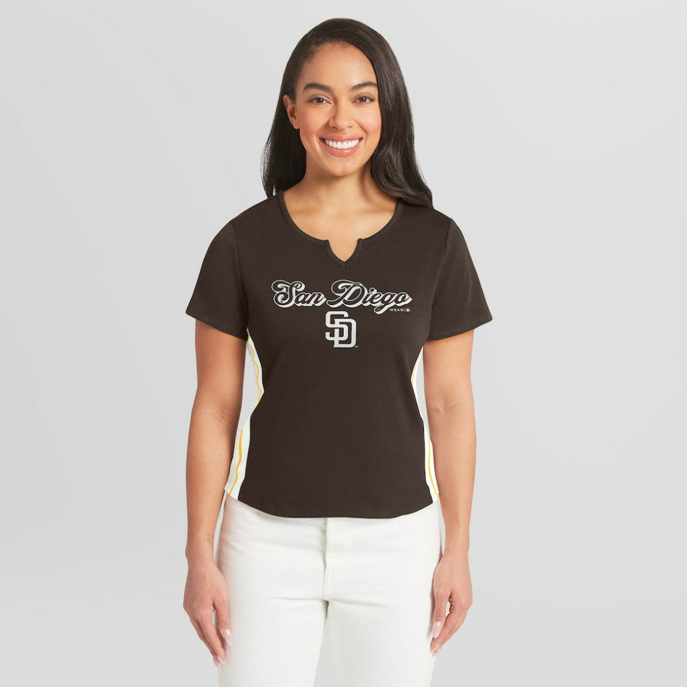 Brown San Diego Padres WEAR by Erin Andrews Women's Notch Neck Cropped T-Shirt