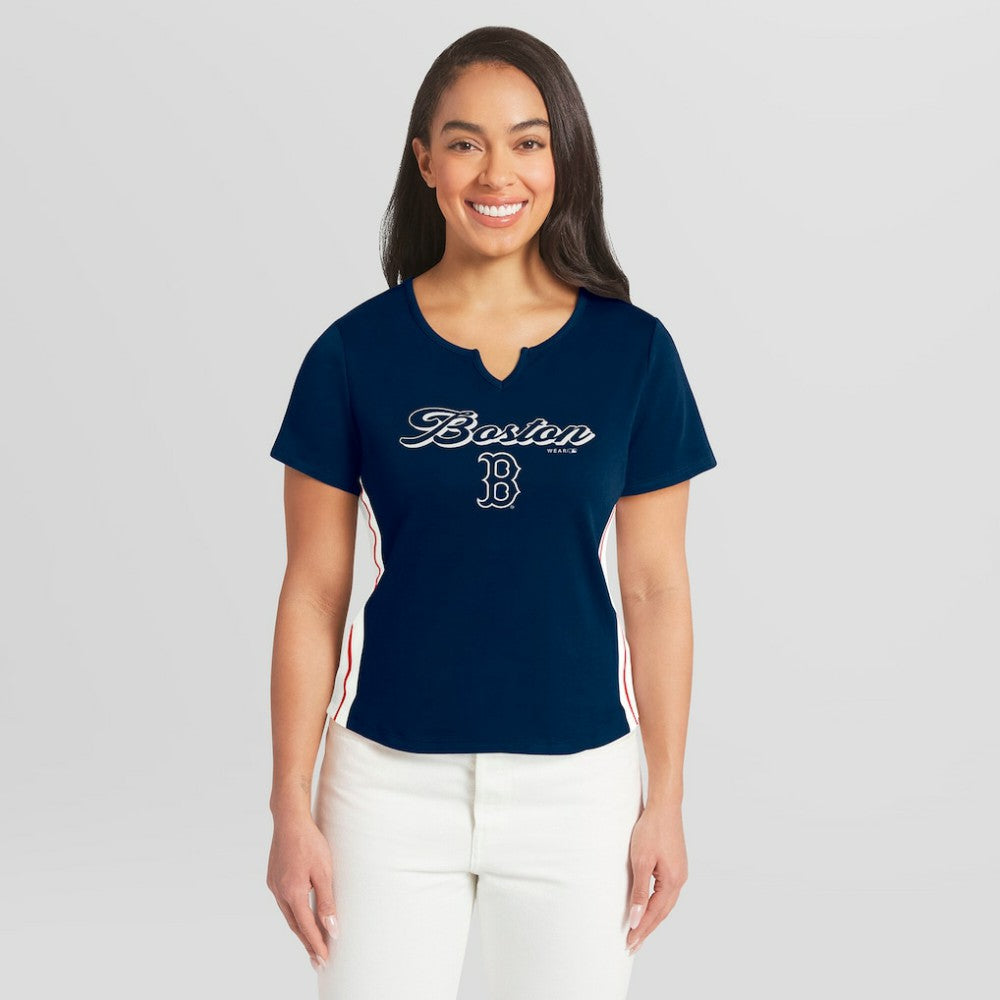 Navy Boston Red Sox WEAR by Erin Andrews Women's Notch Neck Cropped T-Shirt