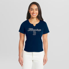 Navy Boston Red Sox WEAR by Erin Andrews Women's Notch Neck Cropped T-Shirt