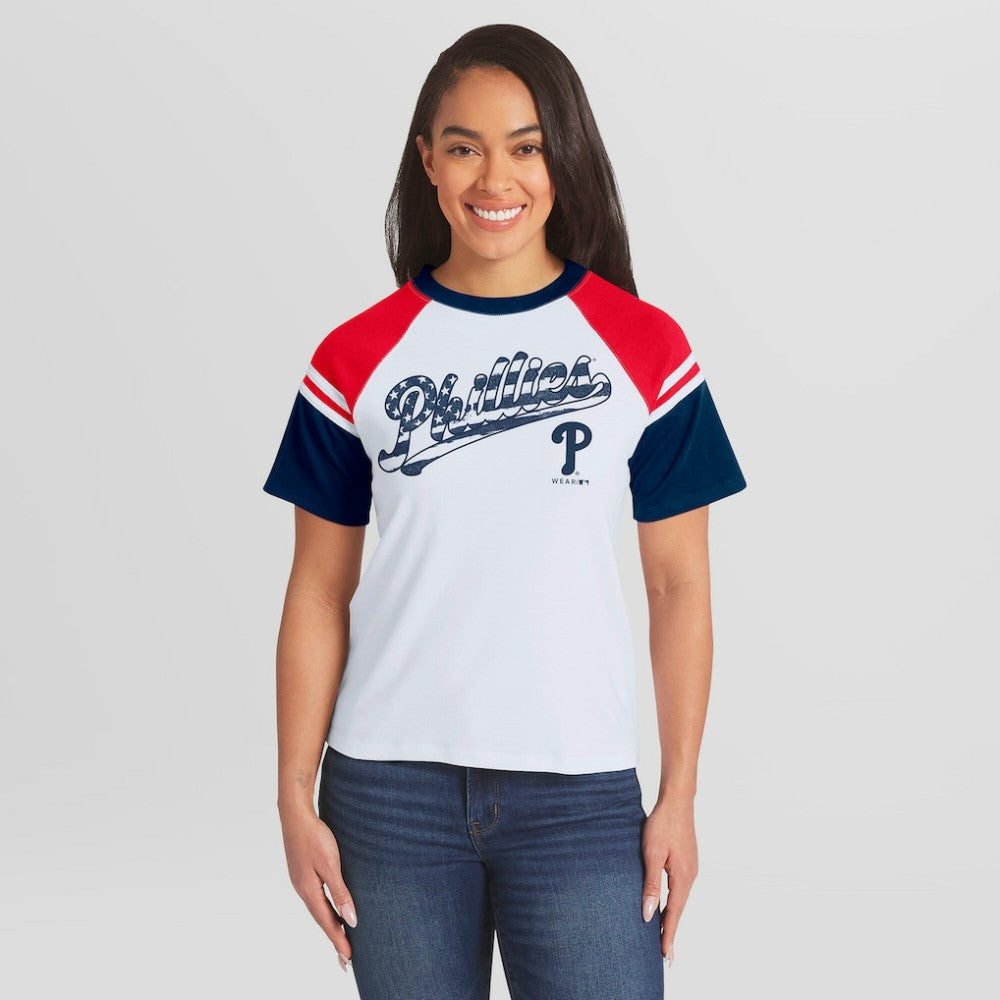 White Philadelphia Phillies WEAR by Erin Andrews Women's Striped Raglan T-Shirt