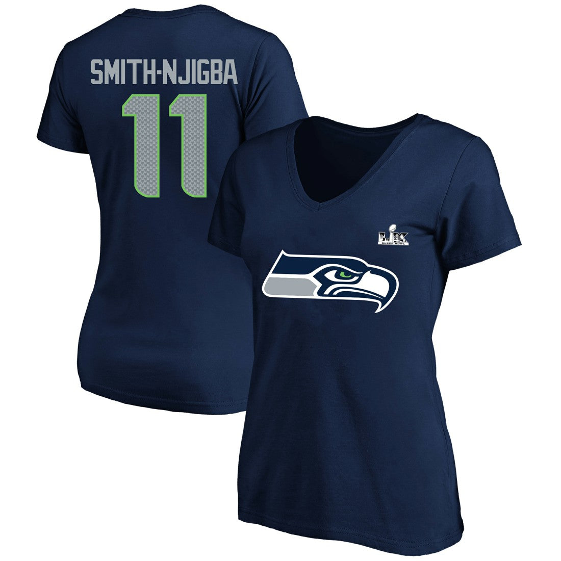 Jaxon Smith-Njigba  Women's Super Bowl LX Patch Plus Size Name & Number V-Neck T-Shirt - Seattle Seahawks T-shirts