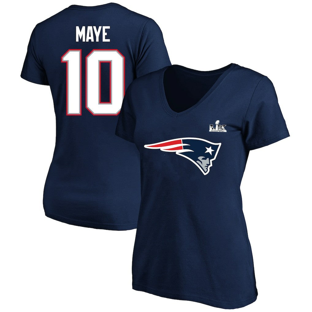 Drake Maye  Women's Super Bowl LX Patch Plus Size Name & Number V-Neck T-Shirt - New England Patriots T-shirts