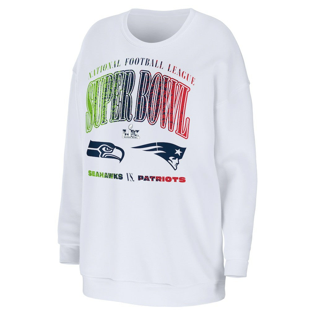 vs. Seattle Seahawks WEAR by Erin Andrews Women's Super Bowl LX Matchup Sweatshirt - New England Patriots Sweatshirts