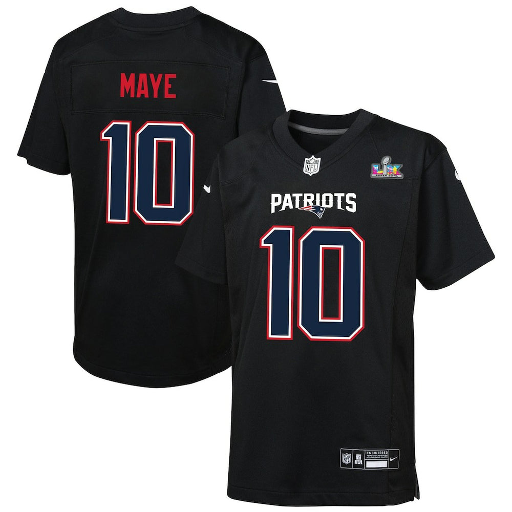 Drake Maye  Youth Super Bowl LX Patch Carbon Fashion Game Jersey - New England Patriots Jerseys