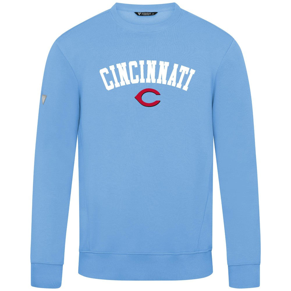 Light Blue Cincinnati Reds Levelwear Zane Felt Arch Pullover Sweatshirt