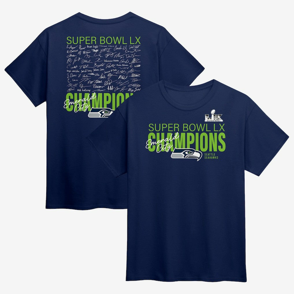 Super Bowl LX Champions Big & Tall Autograph Signing Roster T-Shirt - Seattle Seahawks T-shirts