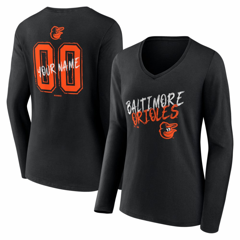Black Baltimore Orioles Women's Hustle Personalized Name & Number Long Sleeve V-Neck T-Shirt