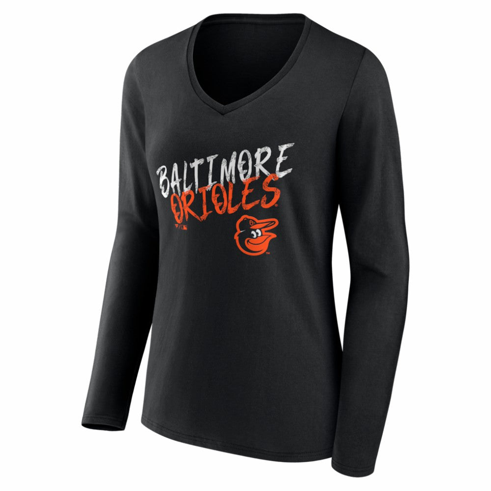 Black Baltimore Orioles Women's Hustle Personalized Name & Number Long Sleeve V-Neck T-Shirt