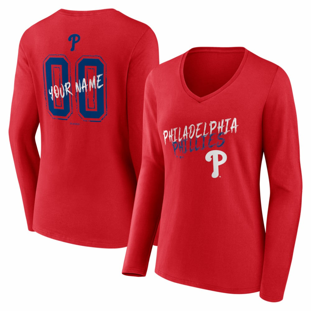 Red Philadelphia Phillies Women's Hustle Personalized Name & Number Long Sleeve V-Neck T-Shirt