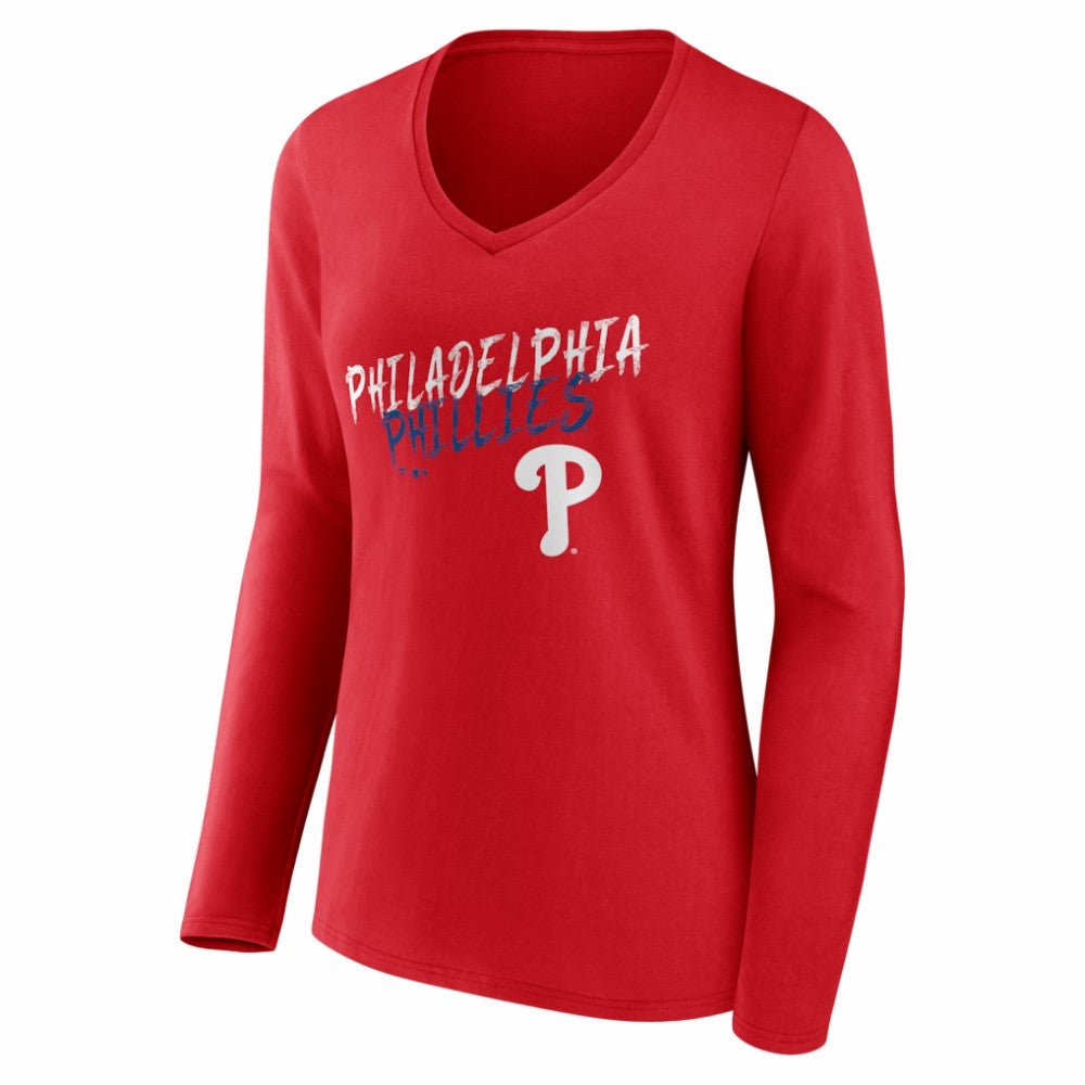 Red Philadelphia Phillies Women's Hustle Personalized Name & Number Long Sleeve V-Neck T-Shirt