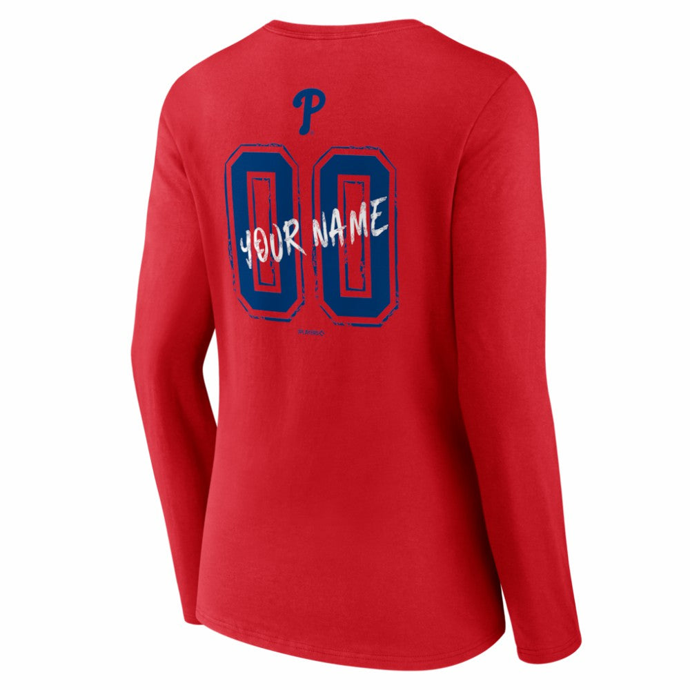Red Philadelphia Phillies Women's Hustle Personalized Name & Number Long Sleeve V-Neck T-Shirt