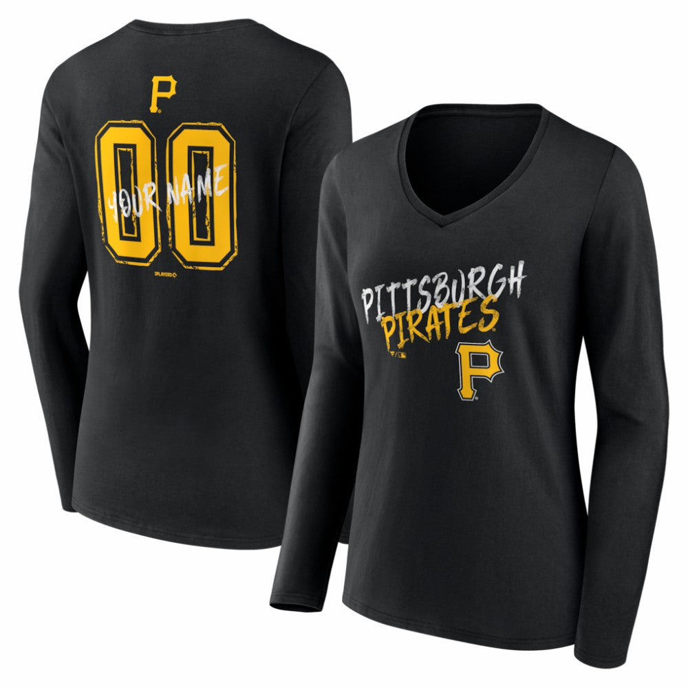 Black Pittsburgh Pirates Women's Hustle Personalized Name & Number Long Sleeve V-Neck T-Shirt