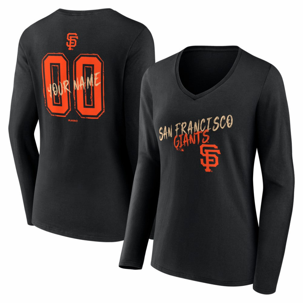 Black San Francisco Giants Women's Hustle Personalized Name & Number Long Sleeve V-Neck T-Shirt