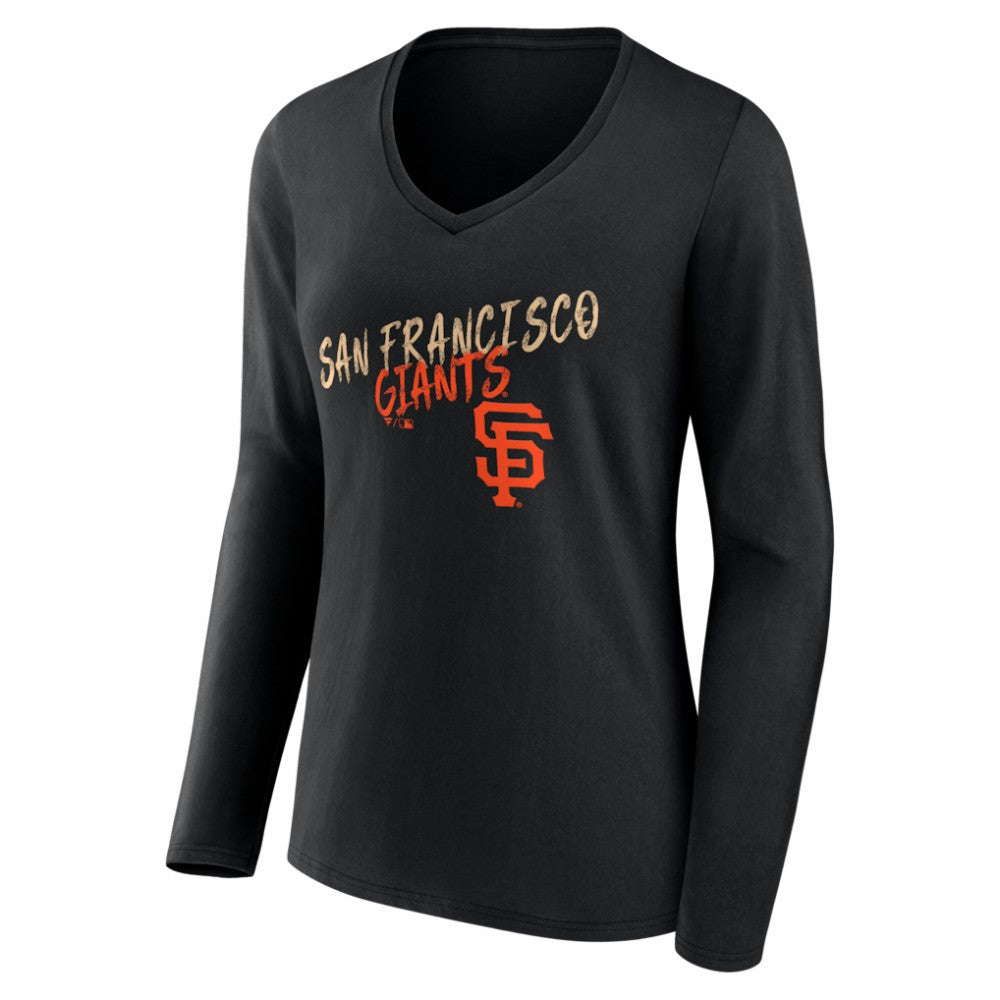 Black San Francisco Giants Women's Hustle Personalized Name & Number Long Sleeve V-Neck T-Shirt