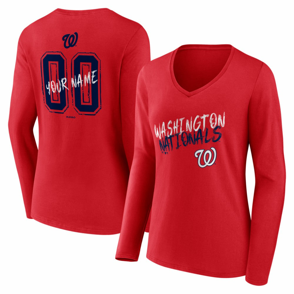Red Washington Nationals Women's Hustle Personalized Name & Number Long Sleeve V-Neck T-Shirt