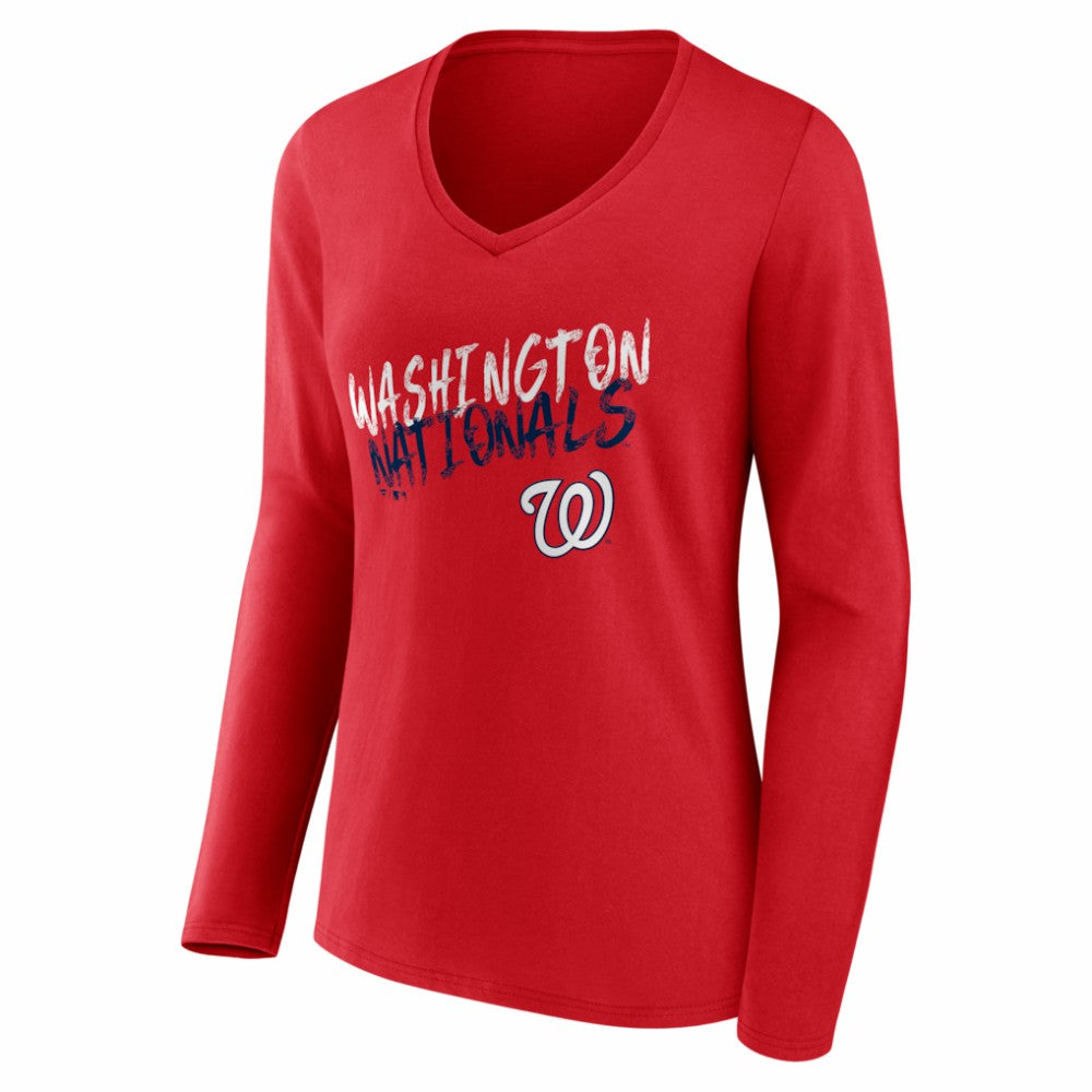 Red Washington Nationals Women's Hustle Personalized Name & Number Long Sleeve V-Neck T-Shirt