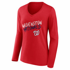 Red Washington Nationals Women's Hustle Personalized Name & Number Long Sleeve V-Neck T-Shirt