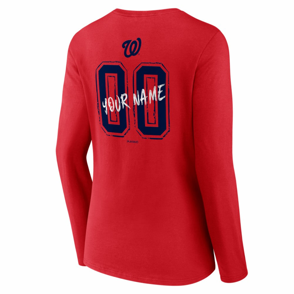 Red Washington Nationals Women's Hustle Personalized Name & Number Long Sleeve V-Neck T-Shirt