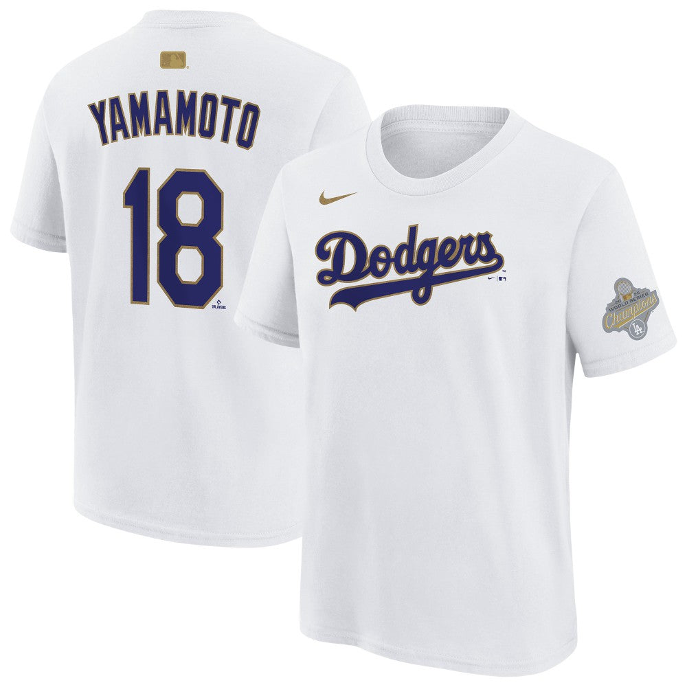White Yoshinobu Yamamoto Los Angeles Dodgers Nike Youth 2026 Gold Collection Name & Number T-Shirt