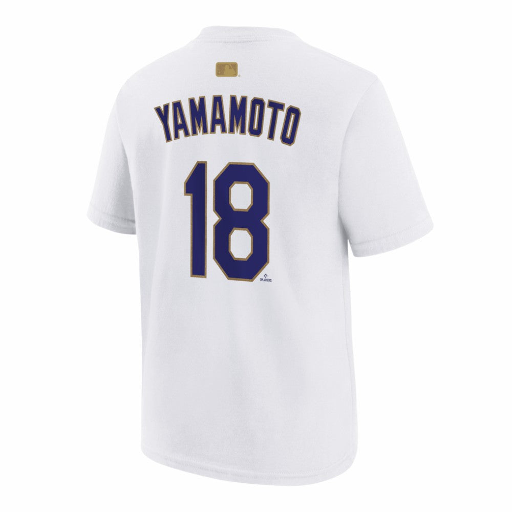 White Yoshinobu Yamamoto Los Angeles Dodgers Nike Youth 2026 Gold Collection Name & Number T-Shirt
