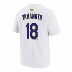 White Yoshinobu Yamamoto Los Angeles Dodgers Nike Youth 2026 Gold Collection Name & Number T-Shirt