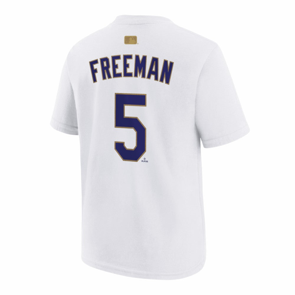 White Freddie Freeman Los Angeles Dodgers Nike Youth 2026 Gold Collection Name & Number T-Shirt