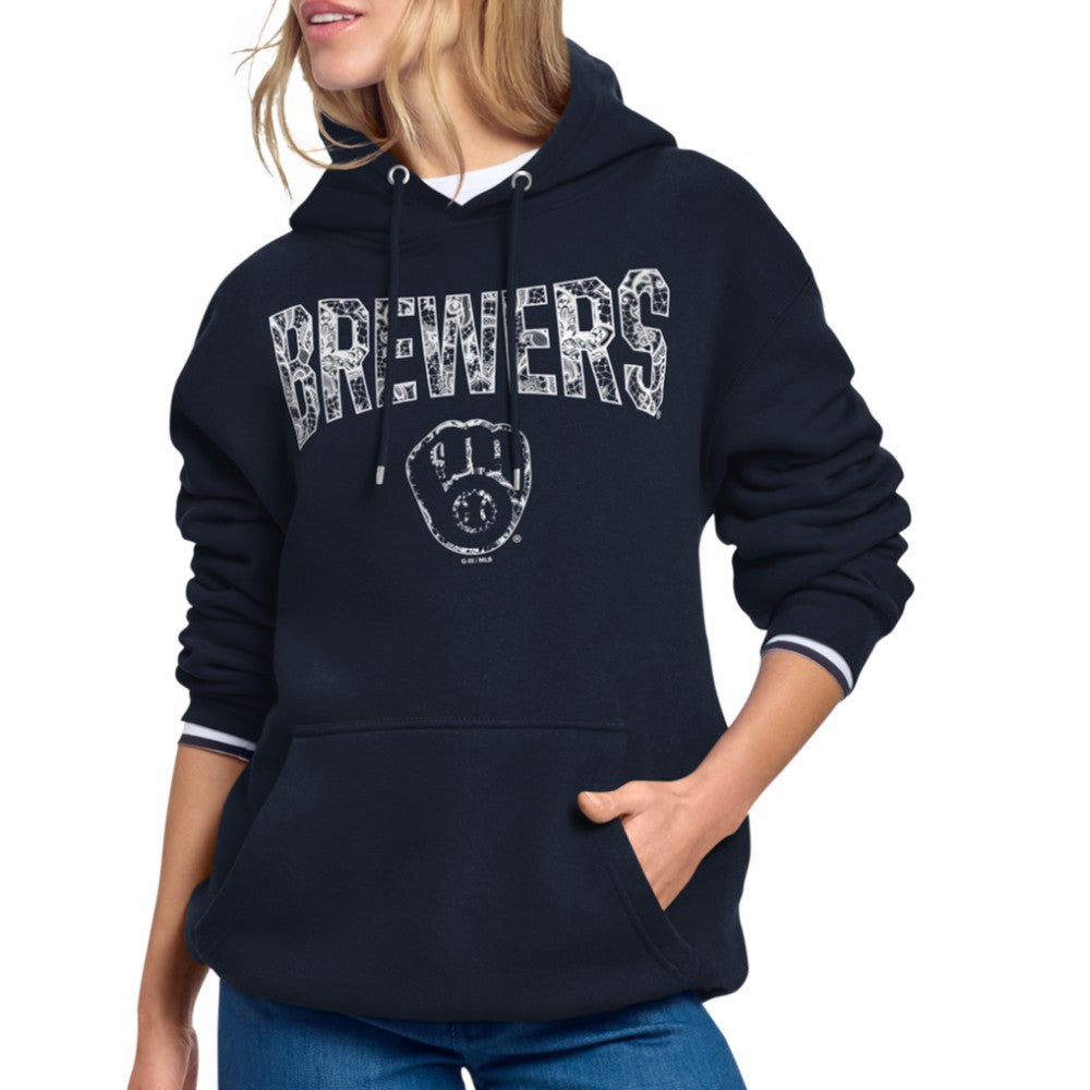 Navy Milwaukee Brewers Starter Women's Lace Team Lockup Fleece Hoodie