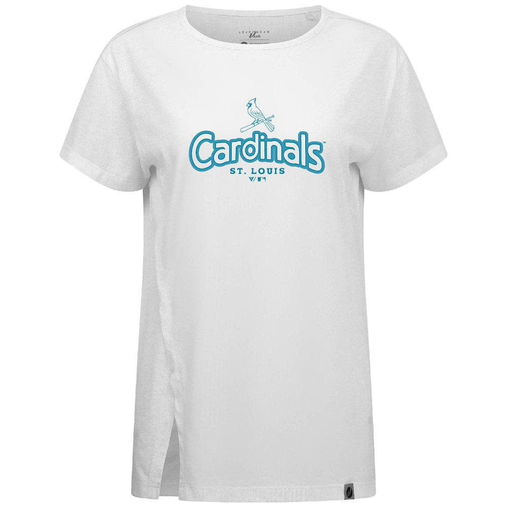 White St. Louis Cardinals Levelwear Women's Blue Haven Influx Cornerstone T-Shirt