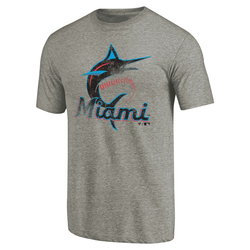 Ash Miami Marlins Distressed Team Tri-Blend T-Shirt