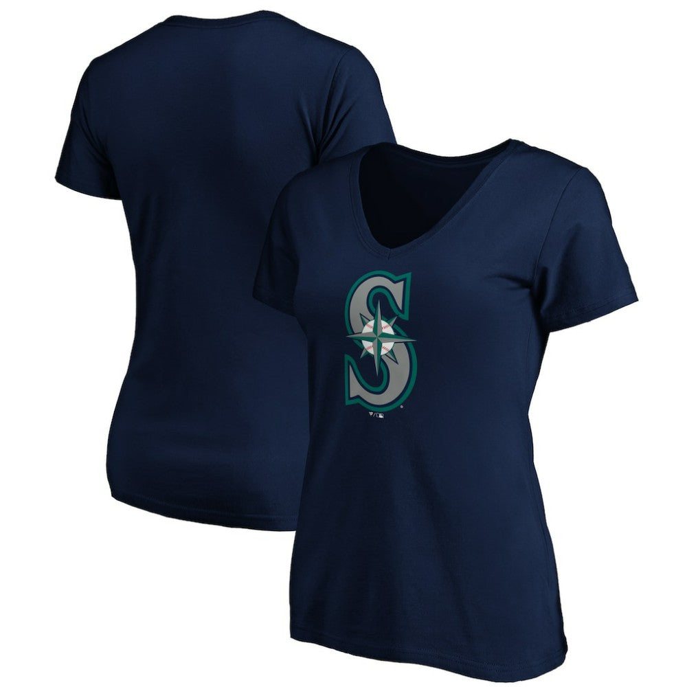 Navy Seattle Mariners Women's Team Color Primary Logo V-Neck T-Shirt