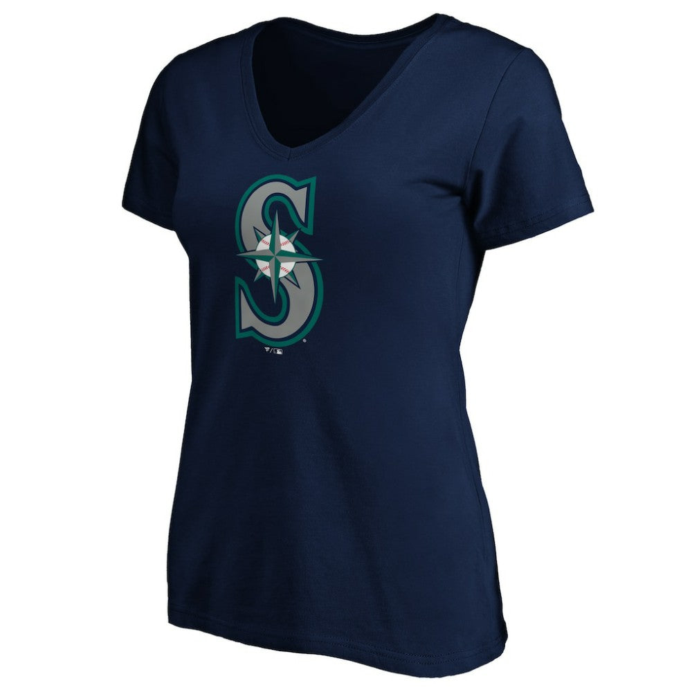 Navy Seattle Mariners Women's Team Color Primary Logo V-Neck T-Shirt