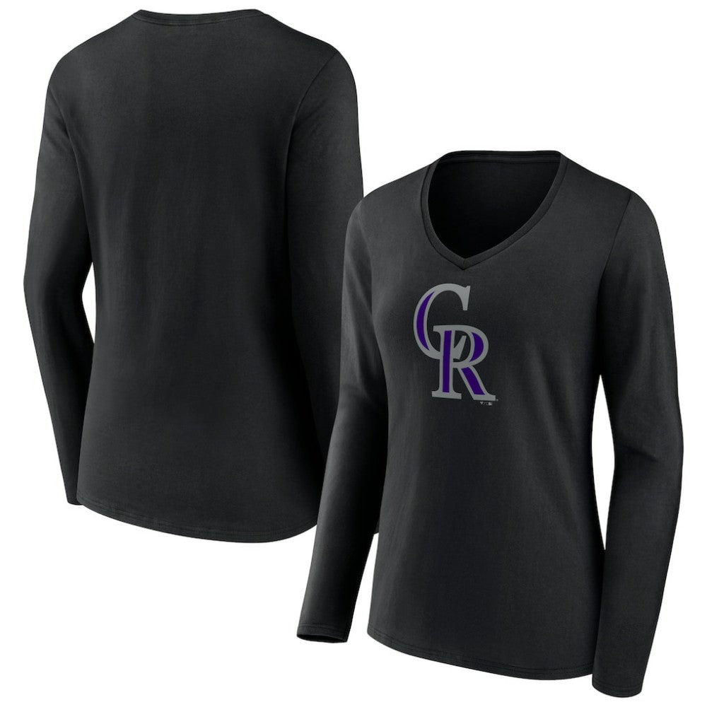 Black Colorado Rockies Women's Team Color Primary Logo V-Neck Long Sleeve T-Shirt