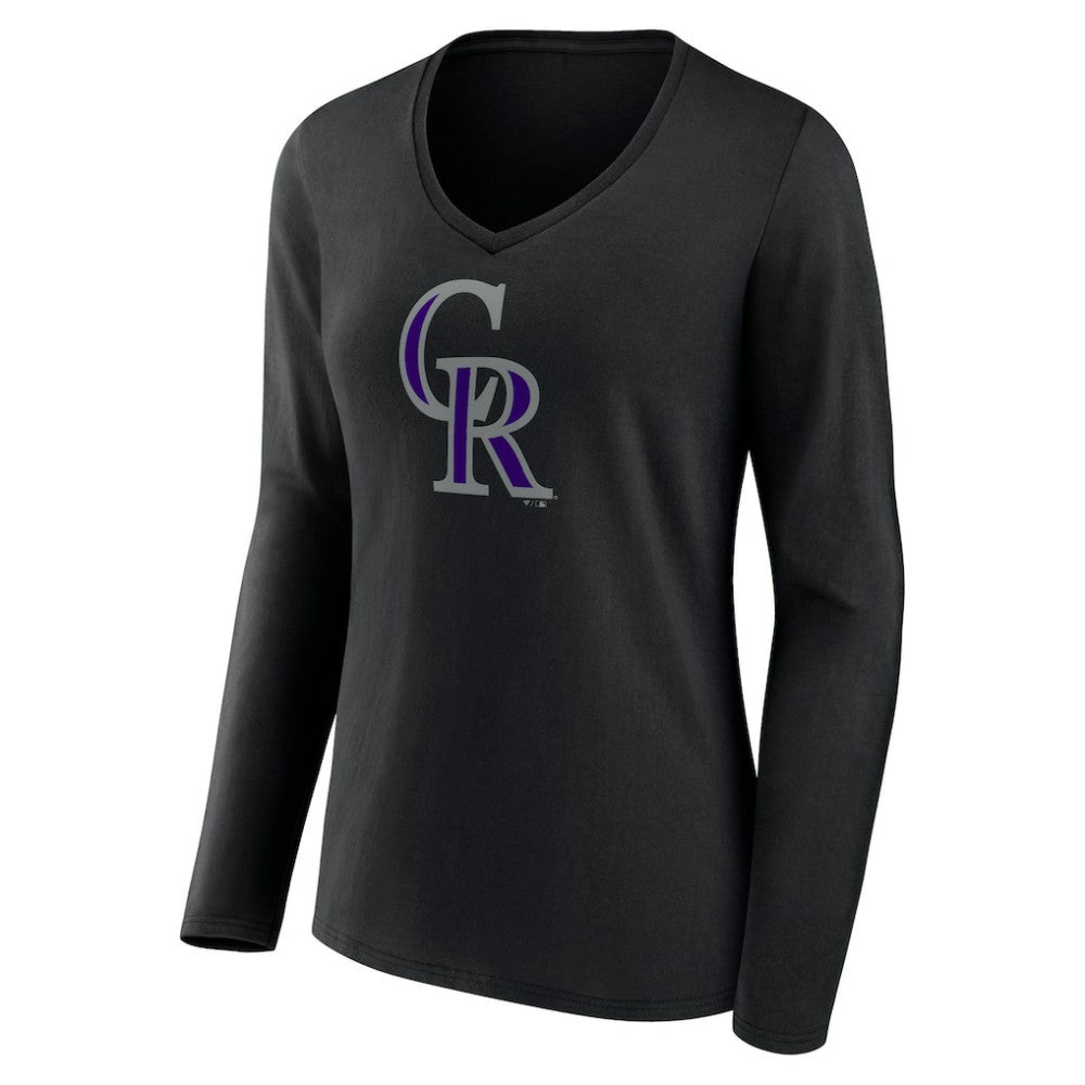 Black Colorado Rockies Women's Team Color Primary Logo V-Neck Long Sleeve T-Shirt