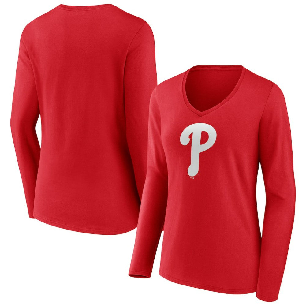 Red Philadelphia Phillies Women's Team Color Primary Logo V-Neck Long Sleeve T-Shirt