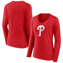 Red Philadelphia Phillies Women's Team Color Primary Logo V-Neck Long Sleeve T-Shirt