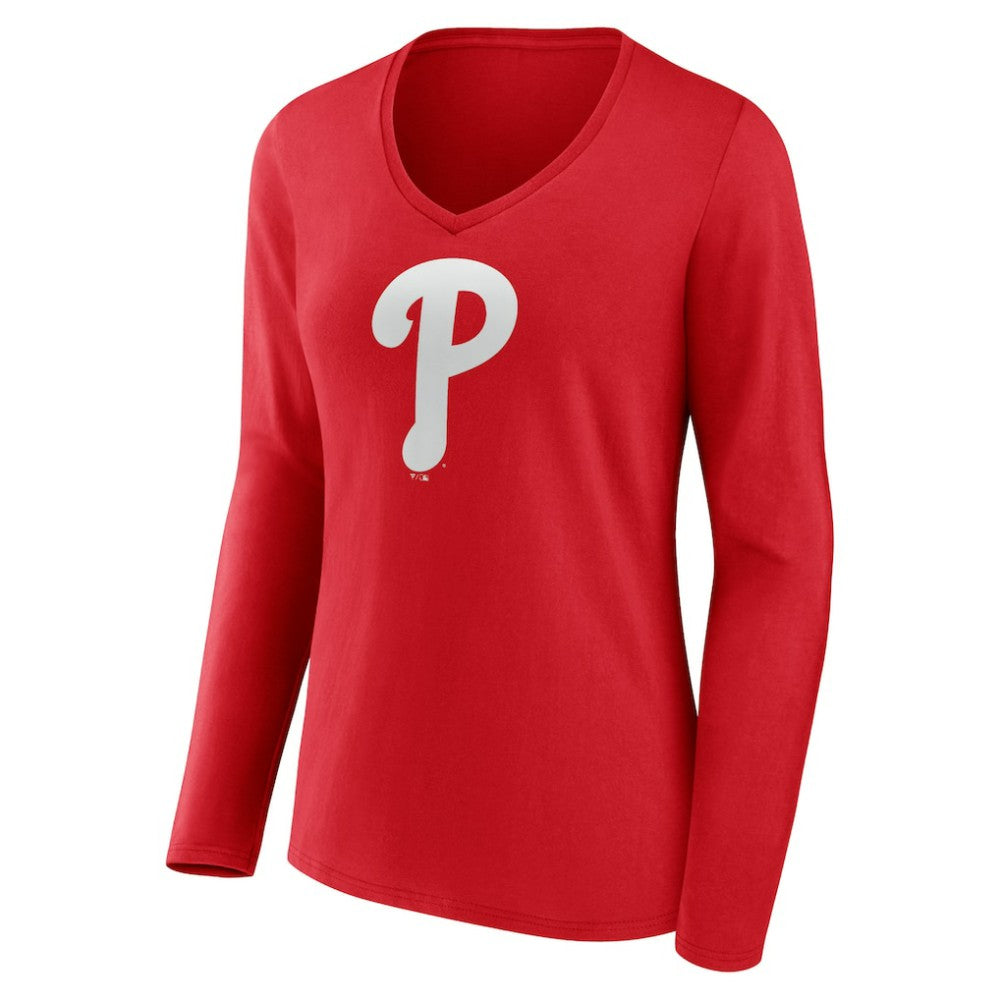 Red Philadelphia Phillies Women's Team Color Primary Logo V-Neck Long Sleeve T-Shirt