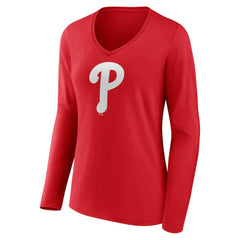 Red Philadelphia Phillies Women's Team Color Primary Logo V-Neck Long Sleeve T-Shirt