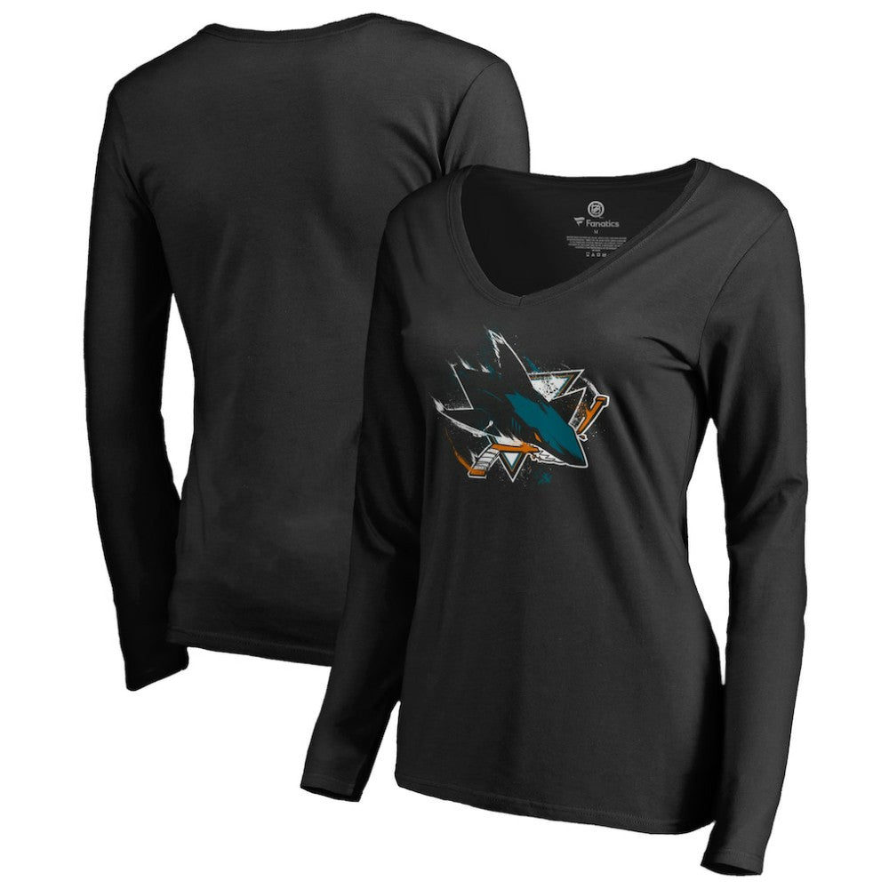 NHL San Jose Sharks Women's Splatter Logo V-Neck Long Sleeve T-Shirt