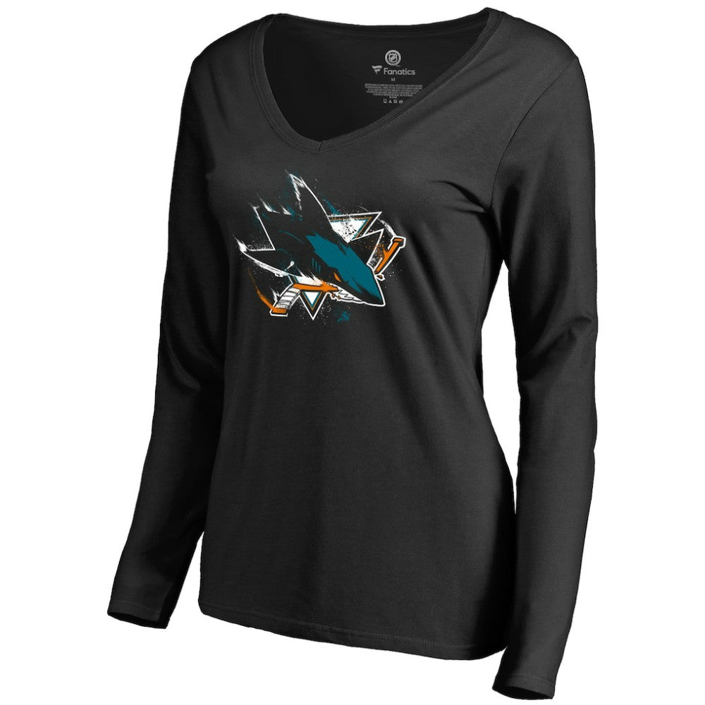 NHL San Jose Sharks Women's Splatter Logo V-Neck Long Sleeve T-Shirt