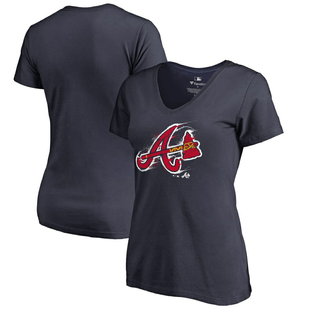Navy Atlanta Braves Women's Splatter Logo V-Neck T-Shirt