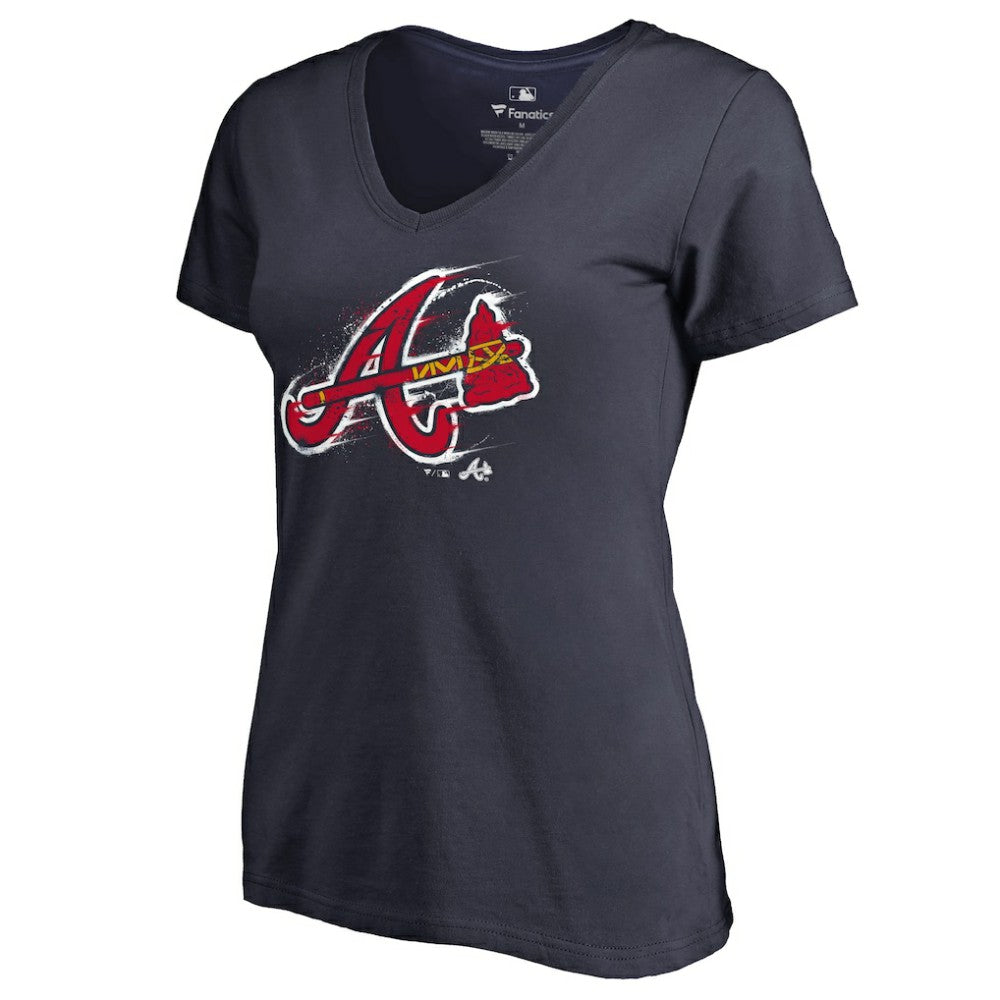 Navy Atlanta Braves Women's Splatter Logo V-Neck T-Shirt