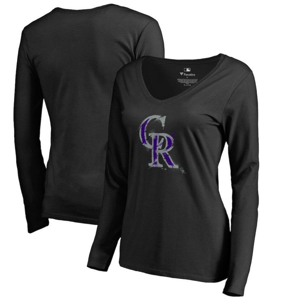 Black Colorado Rockies Women's Splatter Logo Long Sleeve V-Neck T-Shirt